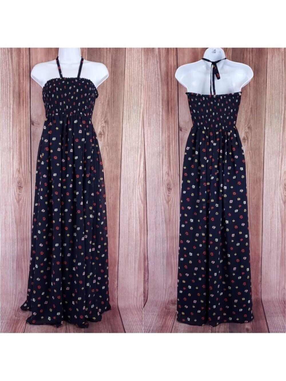 Madewell Halter Smocked Maxi Dress Womens Medium kimono floral deep indigo L3334